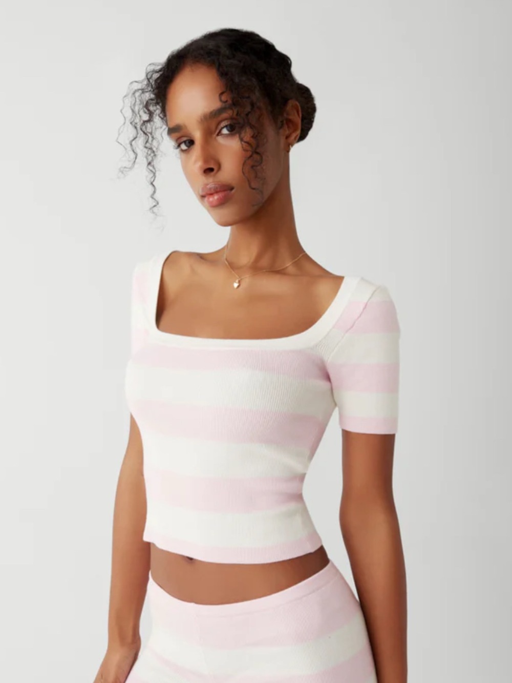 Frankie's Bikinis Pink & White Striped Square Neck Knit Top